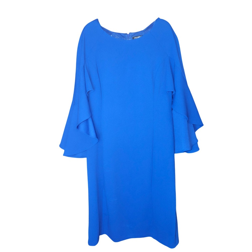 Roz & Ali Sheath Dress Womens 14 Royal Blue Tiered Bell Sleeve Crepe New